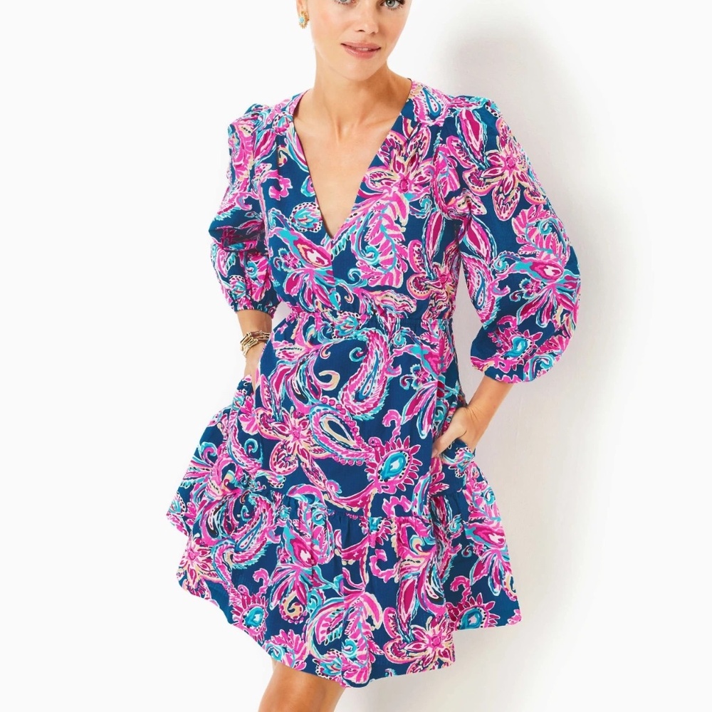 new LILLY PULITZER Deacon 3/4 Sleeve V Neck Cotton Dress Multi $198 Size 4